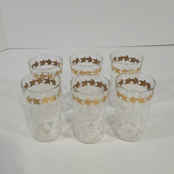 Vintage Hazel Atlas Mid Century Tumblers Gold Leaves White Check Flowers Vases - Picture 3 of 6